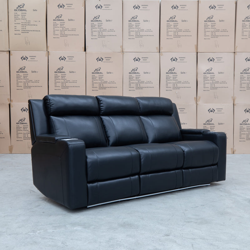 The Gers Dual Electric Three Seat Leather Recliner Lounge - Black available to purchase from Warehouse Furniture Clearance at our next sale event.