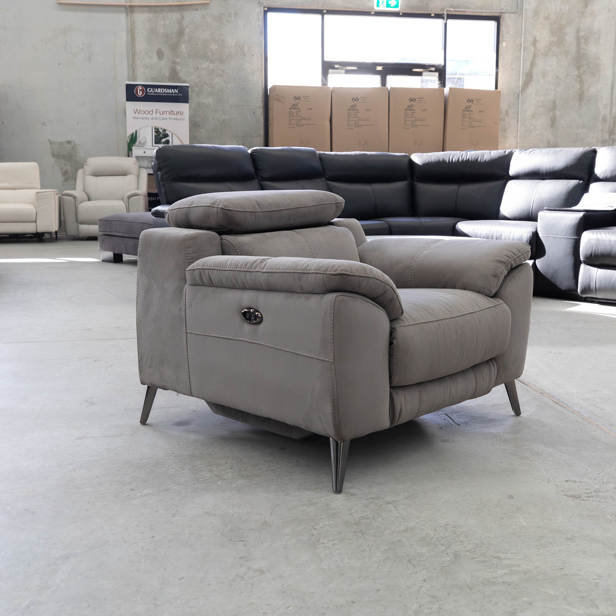 The RS-11485 Single Recliner - Dark Grey - Floor Stock available to purchase from Warehouse Furniture Clearance at our next sale event.