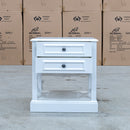 The Hampton Two Drawer Timber Bedside available to purchase from Warehouse Furniture Clearance at our next sale event.