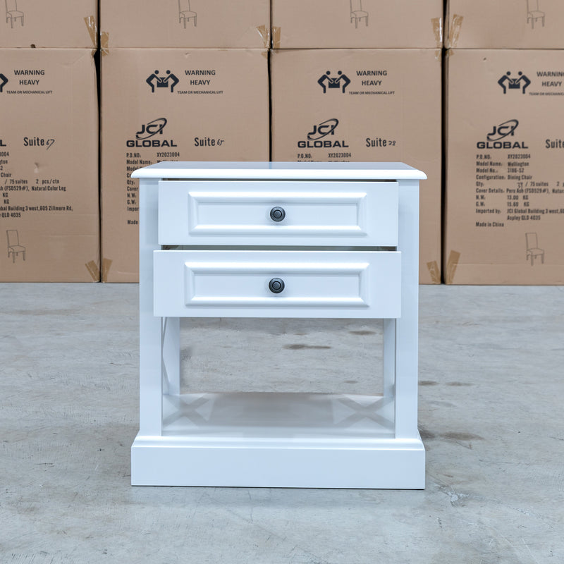 The Hampton Two Drawer Timber Bedside available to purchase from Warehouse Furniture Clearance at our next sale event.