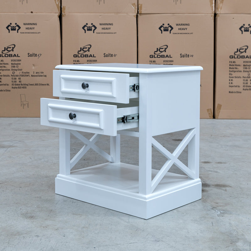 The Hampton Two Drawer Timber Bedside available to purchase from Warehouse Furniture Clearance at our next sale event.