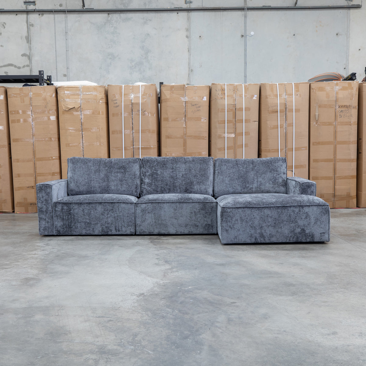The Layne RHF Chaise Lounge - Solo Charcoal available to purchase from Warehouse Furniture Clearance at our next sale event.