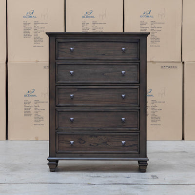 The Library Five Drawer Tallboy - Grey Oak available to purchase from Warehouse Furniture Clearance at our next sale event.