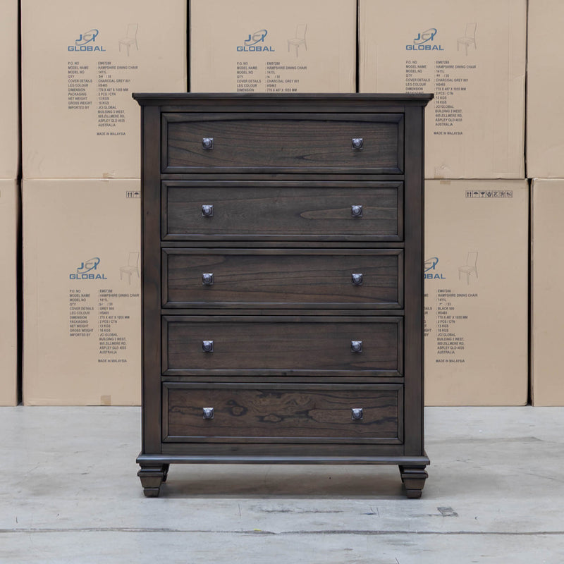 The Library Five Drawer Tallboy - Grey Oak available to purchase from Warehouse Furniture Clearance at our next sale event.