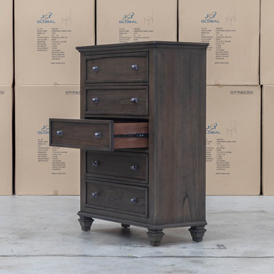 The Library Five Drawer Tallboy - Grey Oak available to purchase from Warehouse Furniture Clearance at our next sale event.