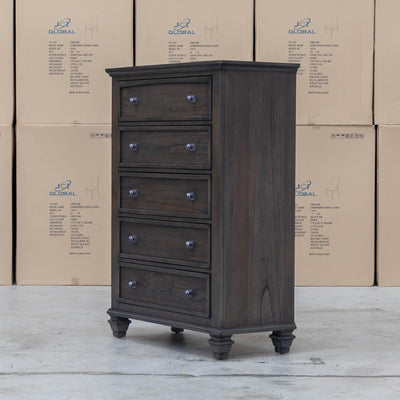 The Library Five Drawer Tallboy - Grey Oak available to purchase from Warehouse Furniture Clearance at our next sale event.