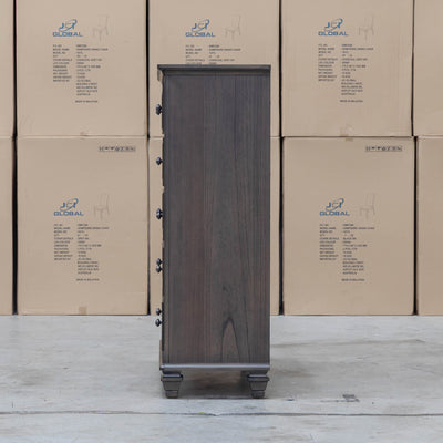 The Library Five Drawer Tallboy - Grey Oak available to purchase from Warehouse Furniture Clearance at our next sale event.