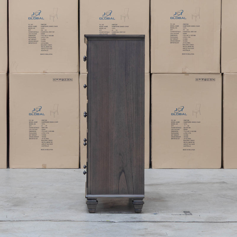 The Library Five Drawer Tallboy - Grey Oak available to purchase from Warehouse Furniture Clearance at our next sale event.