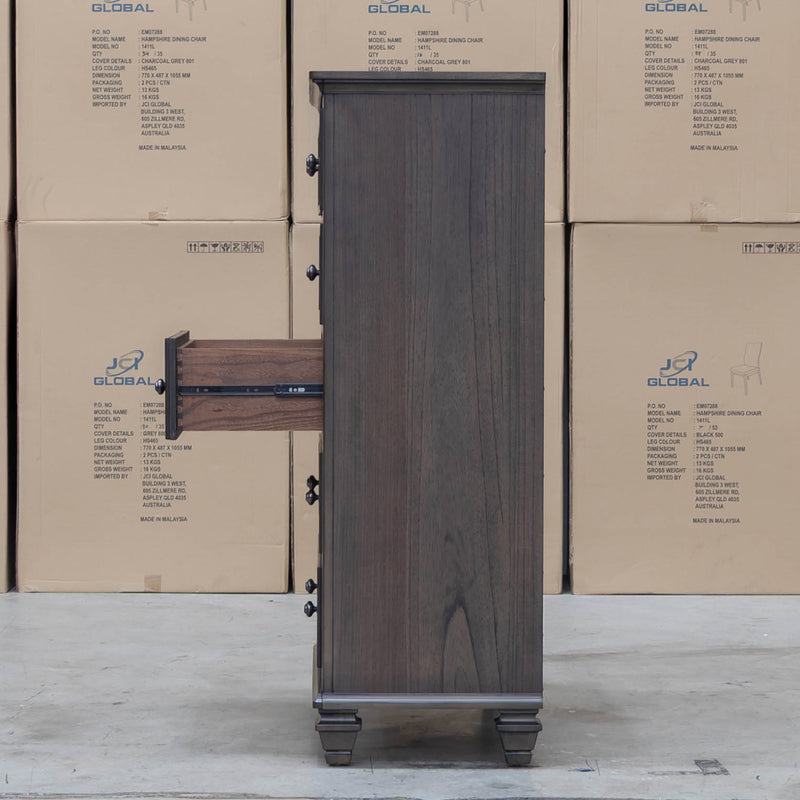 The Library Five Drawer Tallboy - Grey Oak available to purchase from Warehouse Furniture Clearance at our next sale event.