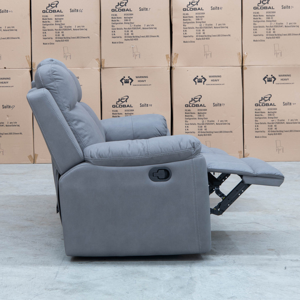 The Bari Three Seat Recliner Lounge - Ash available to purchase from Warehouse Furniture Clearance at our next sale event.