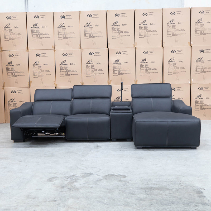 The Neo Dual-Electric Reclining Three Seater Chaise Lounge - Jet available to purchase from Warehouse Furniture Clearance at our next sale event.