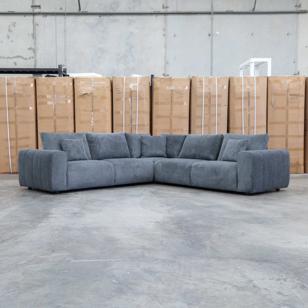 The Tribeca Fabric Corner Lounge - Charcoal - PRE ORDER Available after 15th November available to purchase from Warehouse Furniture Clearance at our next sale event.