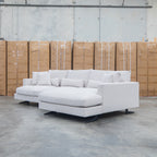 The Melbourne Deep Seat Feather & Foam RHF Chaise Lounge - Biscuit available to purchase from Warehouse Furniture Clearance at our next sale event.
