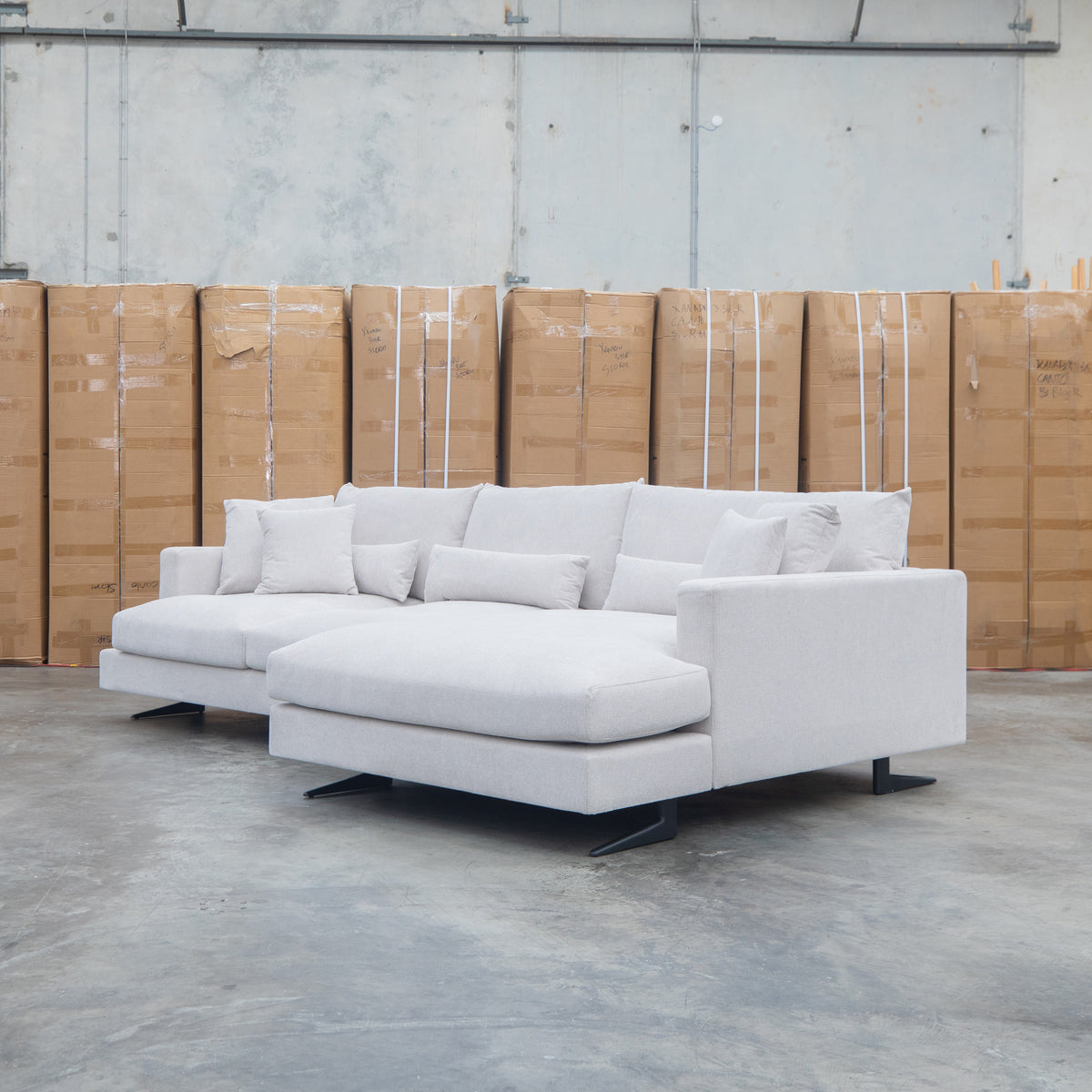 The Melbourne Deep Seat Feather & Foam RHF Chaise Lounge - Biscuit available to purchase from Warehouse Furniture Clearance at our next sale event.