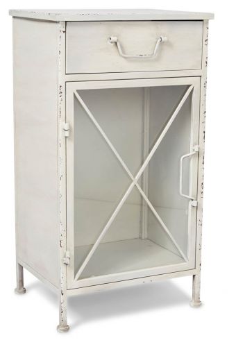 The Metal Bedside Table with SIngle Drawer and 1 Glass Door and Metal Internal Shelves - Antique White - MQ81 - Available In-Store Only available to purchase from Warehouse Furniture Clearance at our next sale event.