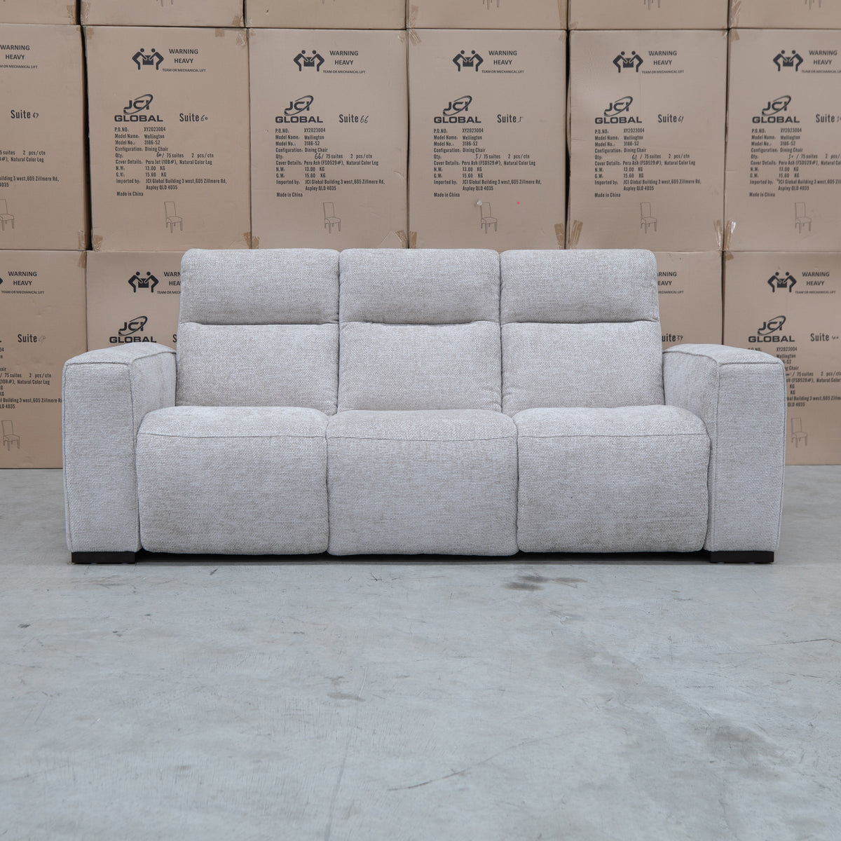The Marina Bay Feather & Foam Dual Motor Electric Three Seat Lounge - Oatmeal available to purchase from Warehouse Furniture Clearance at our next sale event.