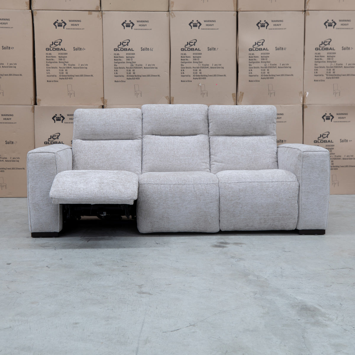 The Marina Bay Feather & Foam Dual Motor Electric Three Seat Lounge - Oatmeal available to purchase from Warehouse Furniture Clearance at our next sale event.