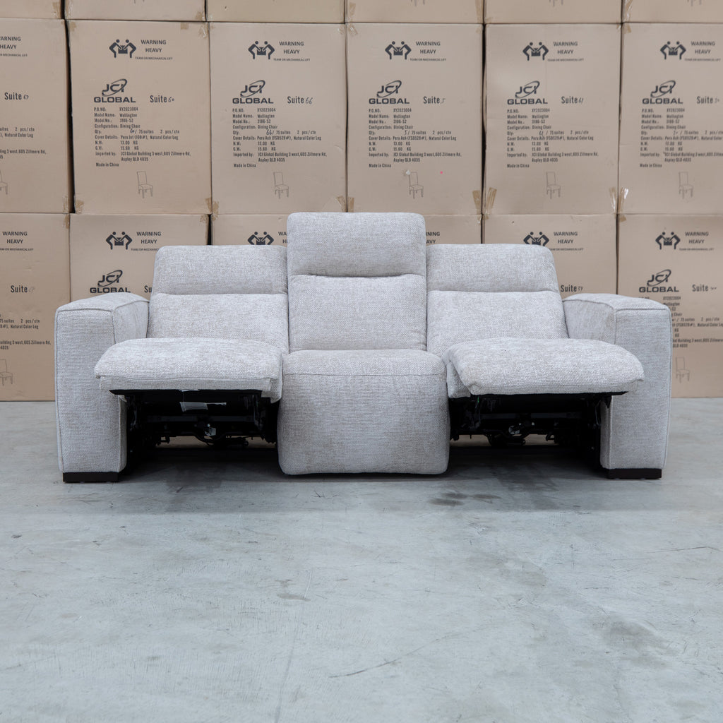 The Marina Bay Feather & Foam Dual Motor Electric Three Seat Lounge - Oatmeal available to purchase from Warehouse Furniture Clearance at our next sale event.