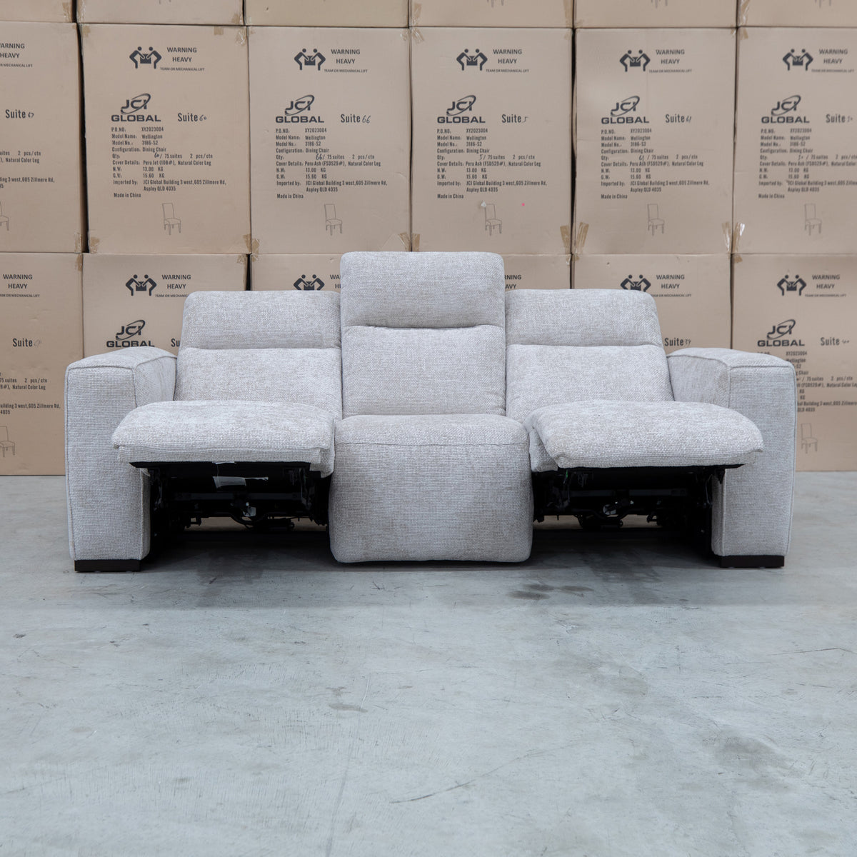 The Marina Bay Feather & Foam Dual Motor Electric Three Seat Lounge - Oatmeal available to purchase from Warehouse Furniture Clearance at our next sale event.