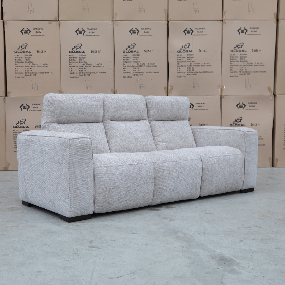The Marina Bay Feather & Foam Dual Motor Electric Three Seat Lounge - Oatmeal available to purchase from Warehouse Furniture Clearance at our next sale event.