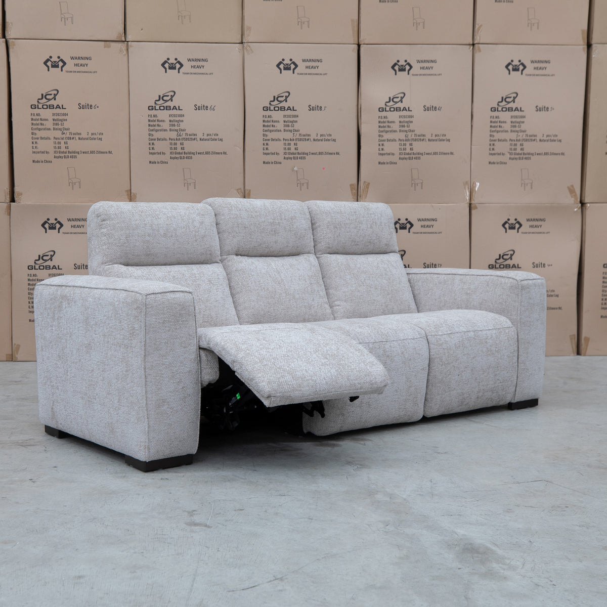 The Marina Bay Feather & Foam Dual Motor Electric Three Seat Lounge - Oatmeal available to purchase from Warehouse Furniture Clearance at our next sale event.