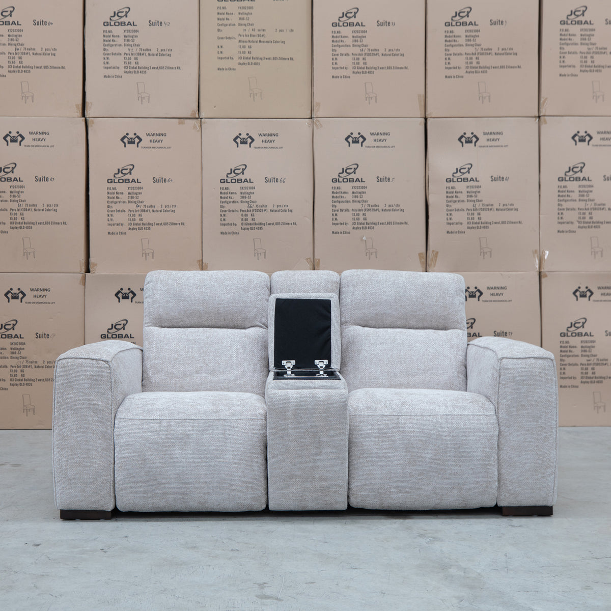 The Marina Bay Feather & Foam Dual Motor Electric Two Seater Theatre Lounge - Oatmeal - PRE ORDER Available After 12th November available to purchase from Warehouse Furniture Clearance at our next sale event.