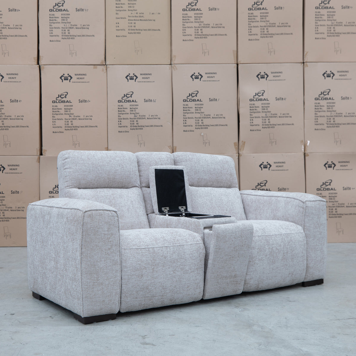 The Marina Bay Feather & Foam Dual Motor Electric Two Seater Theatre Lounge - Oatmeal - PRE ORDER Available After 12th November available to purchase from Warehouse Furniture Clearance at our next sale event.