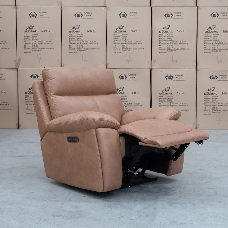 The Marsellie Triple Motor Electric Recliner - Tan available to purchase from Warehouse Furniture Clearance at our next sale event.