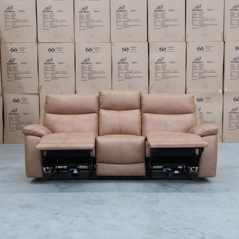 The Marsellie Three Seater Triple Motor Electric Recliner Lounge - Tan available to purchase from Warehouse Furniture Clearance at our next sale event.