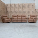 The Marsellie Three Seater Triple Motor Electric Recliner Lounge - Tan available to purchase from Warehouse Furniture Clearance at our next sale event.