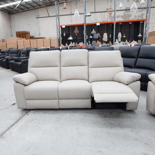 The Bayview Three Seat Electric Leather Recliner Lounge - Grey available to purchase from Warehouse Furniture Clearance at our next sale event.