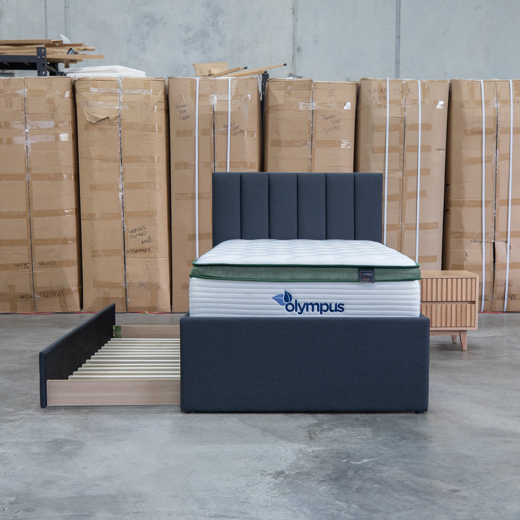 The Medford King Single Fabric Trundle Bed - Charcoal (Reversible Trundle) available to purchase from Warehouse Furniture Clearance at our next sale event.