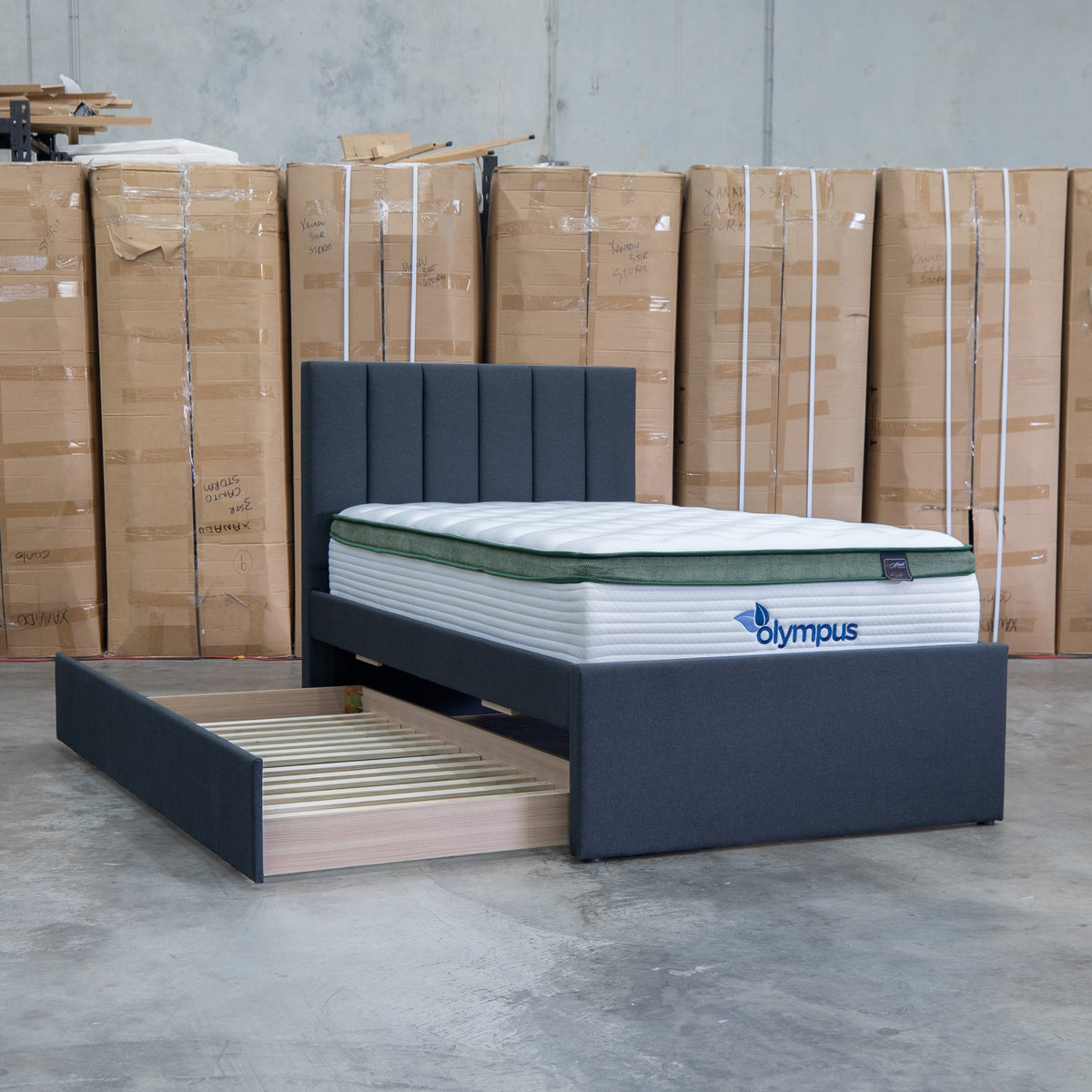 The Medford King Single Fabric Trundle Bed - Charcoal (Reversible Trundle) available to purchase from Warehouse Furniture Clearance at our next sale event.