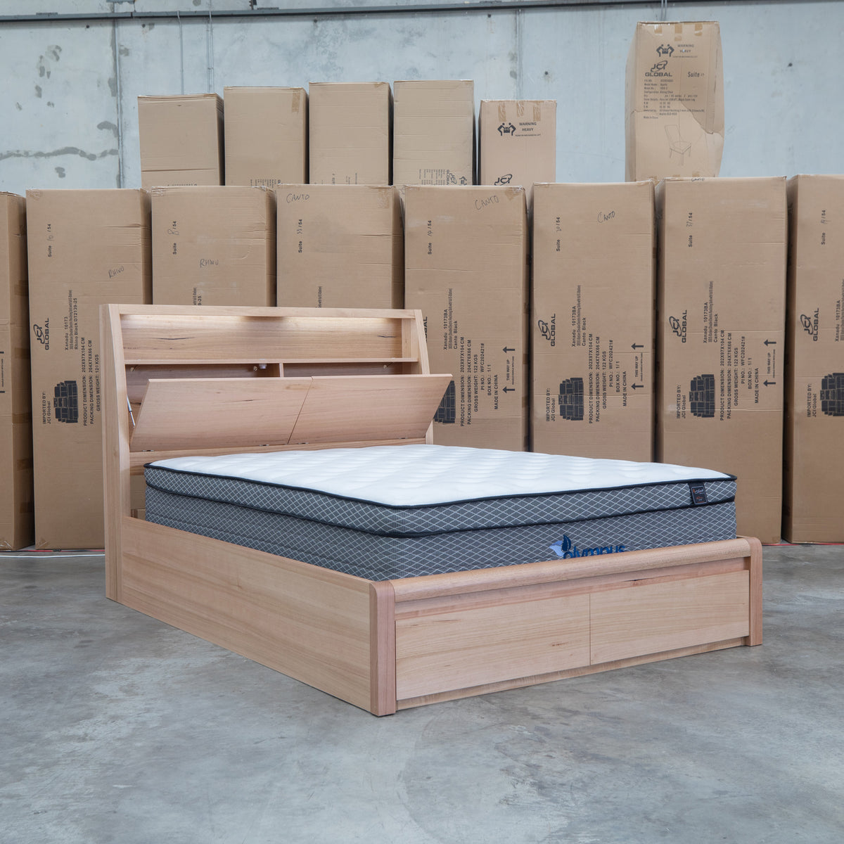 The Melba Messmate Double Gaslift Bed with Reading Lights available to purchase from Warehouse Furniture Clearance at our next sale event.