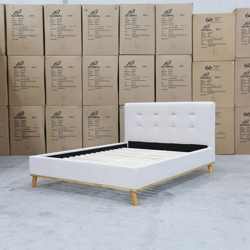 The Milos King Single Fabric Bed - Oat White available to purchase from Warehouse Furniture Clearance at our next sale event.
