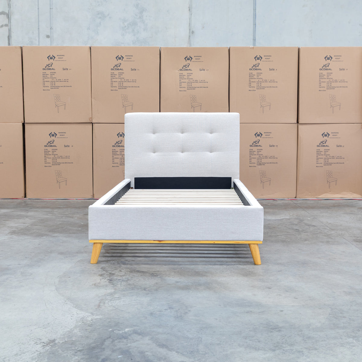 The Milos King Single Fabric Bed - Oat White available to purchase from Warehouse Furniture Clearance at our next sale event.