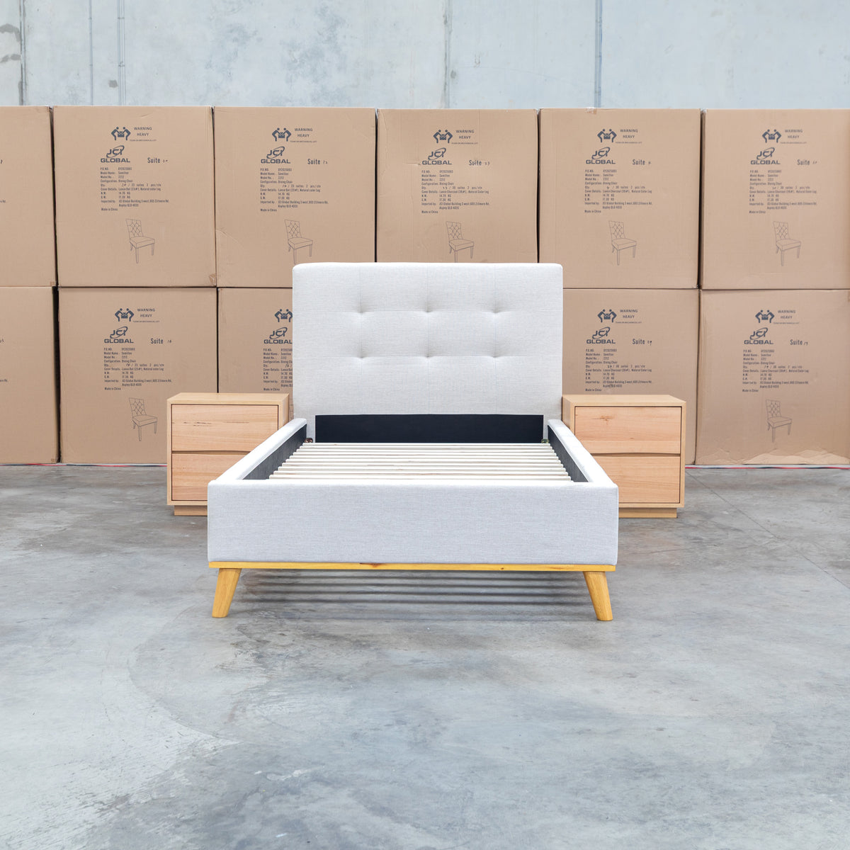 The Milos King Single Fabric Bed - Oat White available to purchase from Warehouse Furniture Clearance at our next sale event.