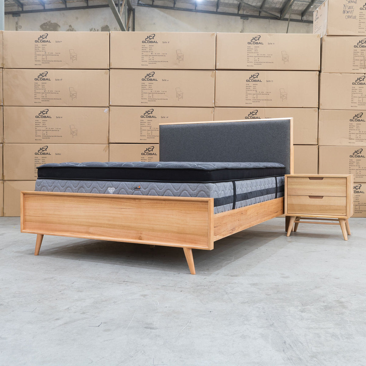 The Brooklyn Messmate Hardwood & Fabric Queen Bed available to purchase from Warehouse Furniture Clearance at our next sale event.