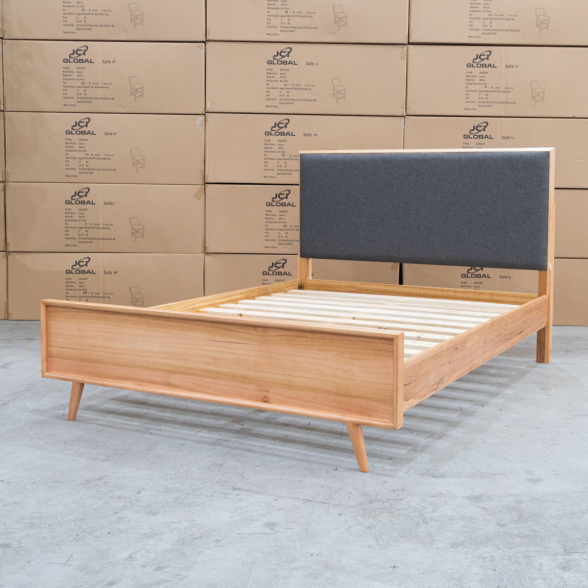The Brooklyn Messmate Hardwood & Fabric Queen Bed available to purchase from Warehouse Furniture Clearance at our next sale event.