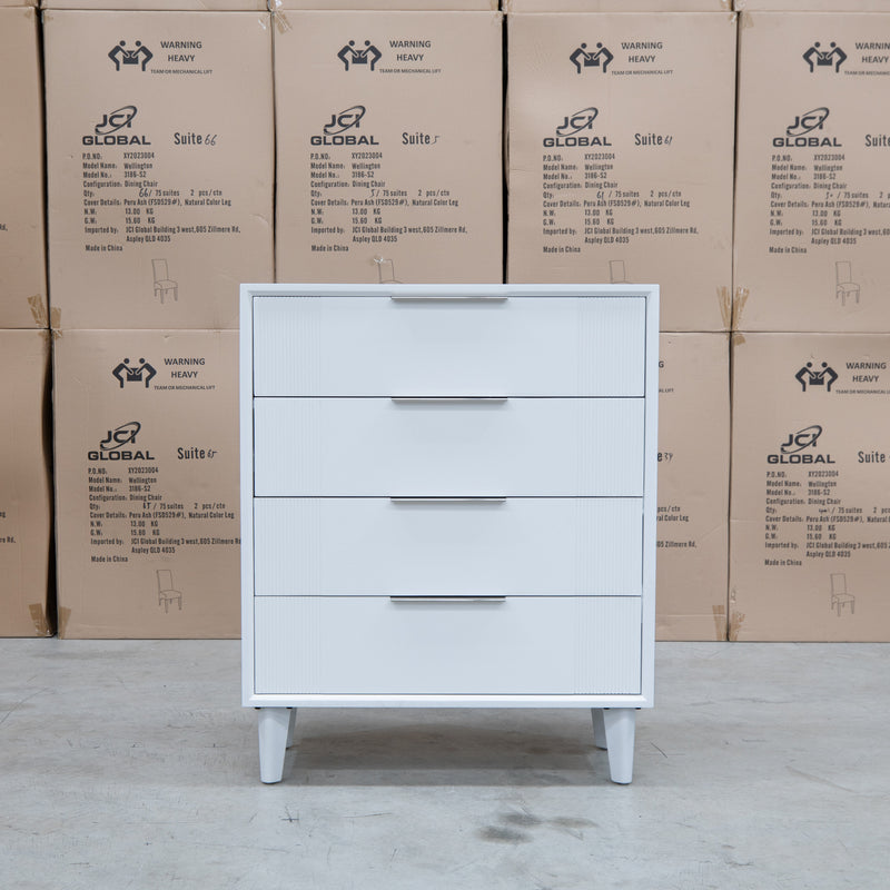 The Gracey White Timber Tall Boy available to purchase from Warehouse Furniture Clearance at our next sale event.