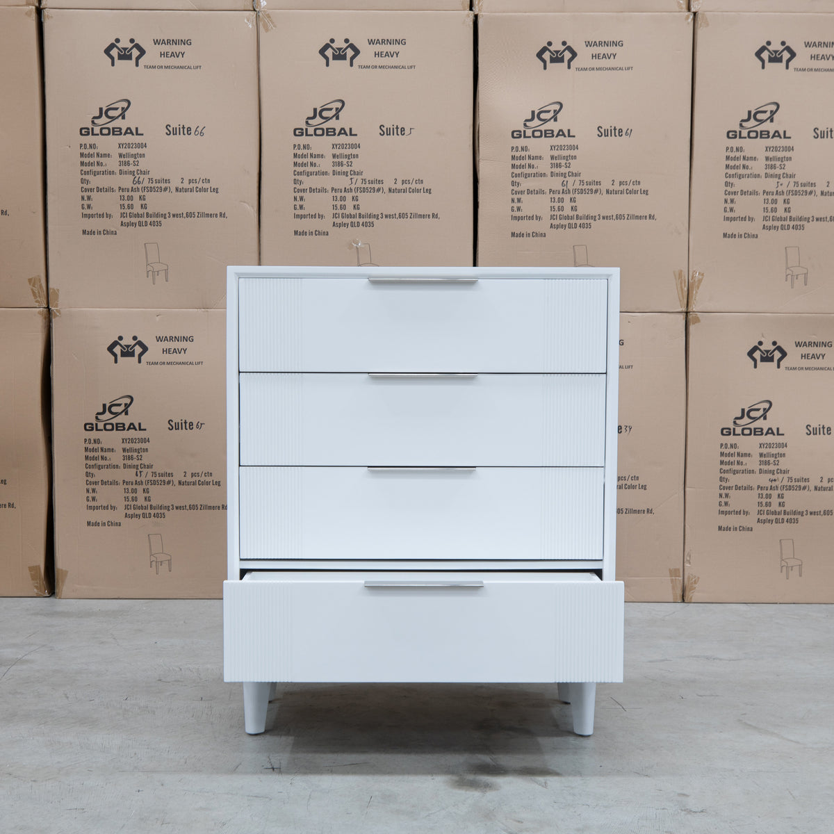 The Gracey White Timber Tall Boy available to purchase from Warehouse Furniture Clearance at our next sale event.