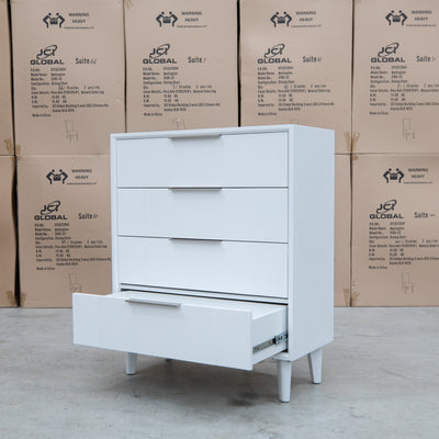 The Gracey White Timber Tall Boy available to purchase from Warehouse Furniture Clearance at our next sale event.