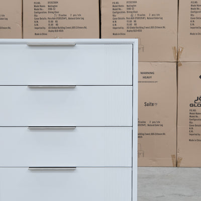 The Gracey White Timber Tall Boy available to purchase from Warehouse Furniture Clearance at our next sale event.