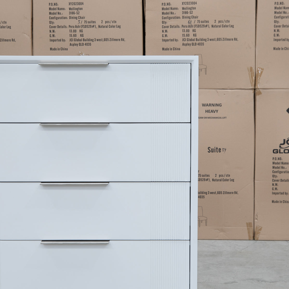 The Gracey White Timber Tall Boy available to purchase from Warehouse Furniture Clearance at our next sale event.