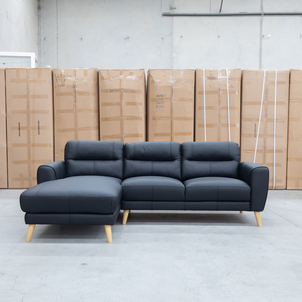 The Nevada Three Seat LHF Leather Chaise Lounge - Black available to purchase from Warehouse Furniture Clearance at our next sale event.