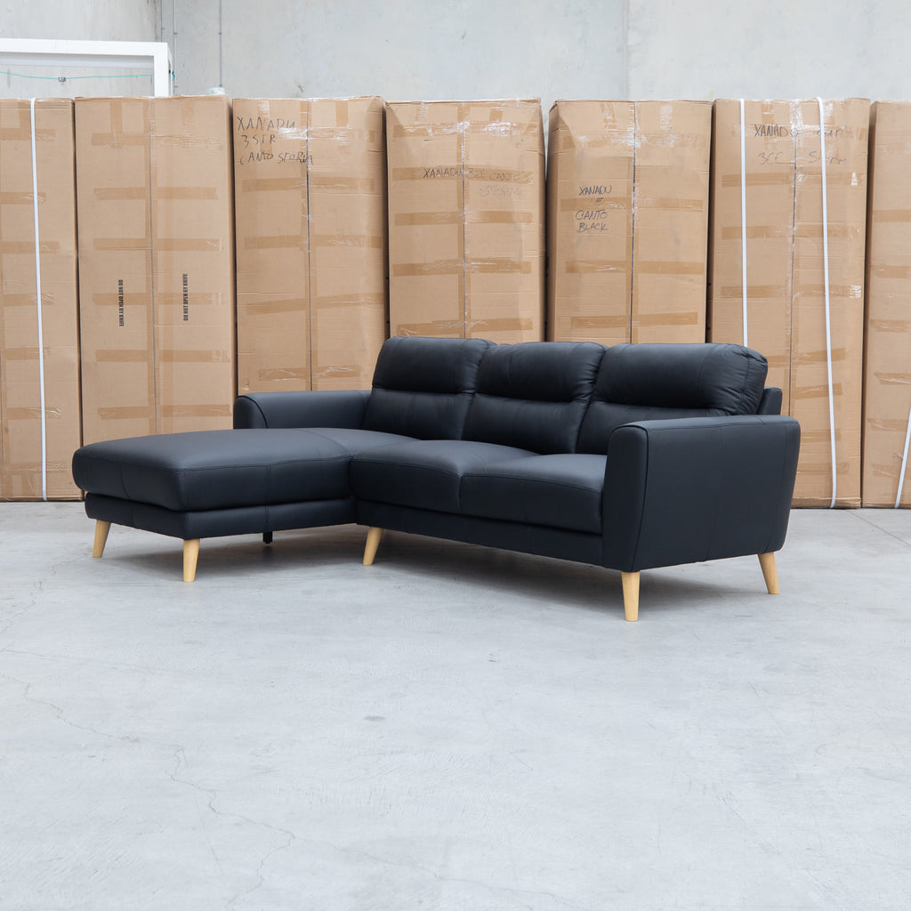 The Nevada Three Seat LHF Leather Chaise Lounge - Black available to purchase from Warehouse Furniture Clearance at our next sale event.