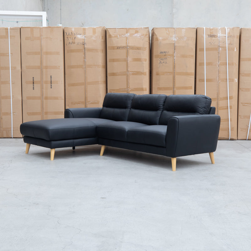 The Nevada Three Seat LHF Leather Chaise Lounge - Black