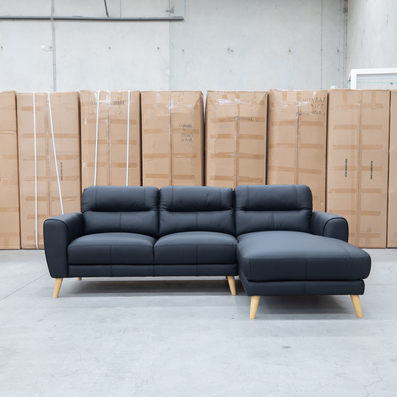 The Nevada Three Seat RHF Leather Chaise Lounge - Black