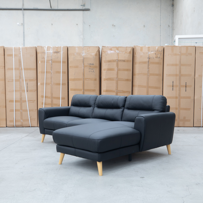The Nevada Three Seat RHF Leather Chaise Lounge - Black