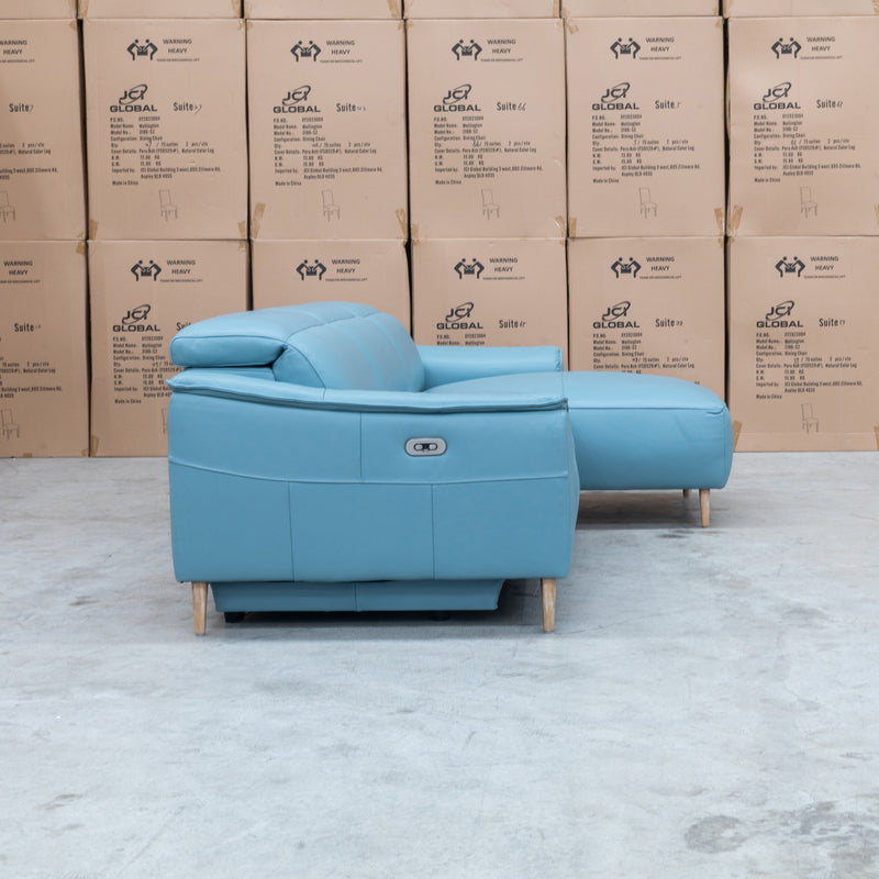 The Darcy RHF Electric Leather Chaise Lounge - Blue available to purchase from Warehouse Furniture Clearance at our next sale event.